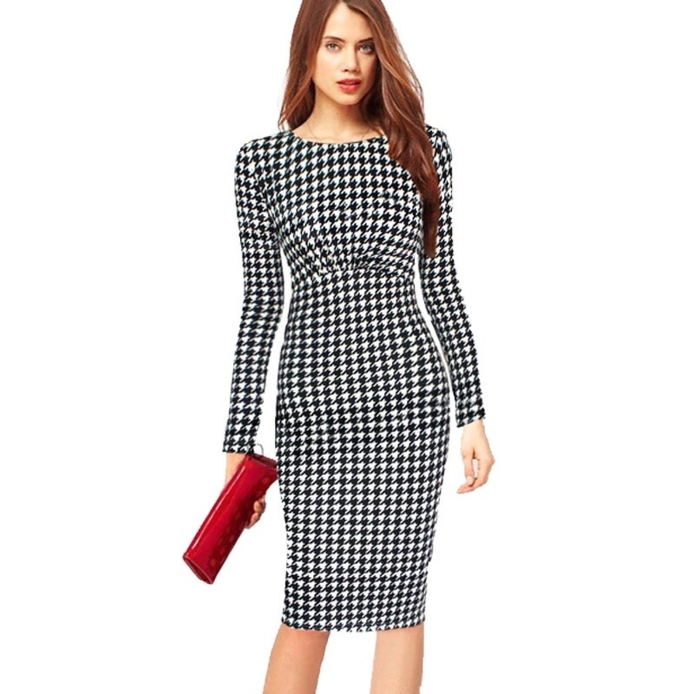 Black White houndstooth check office midi bodycon fitted midi dress XS/S office